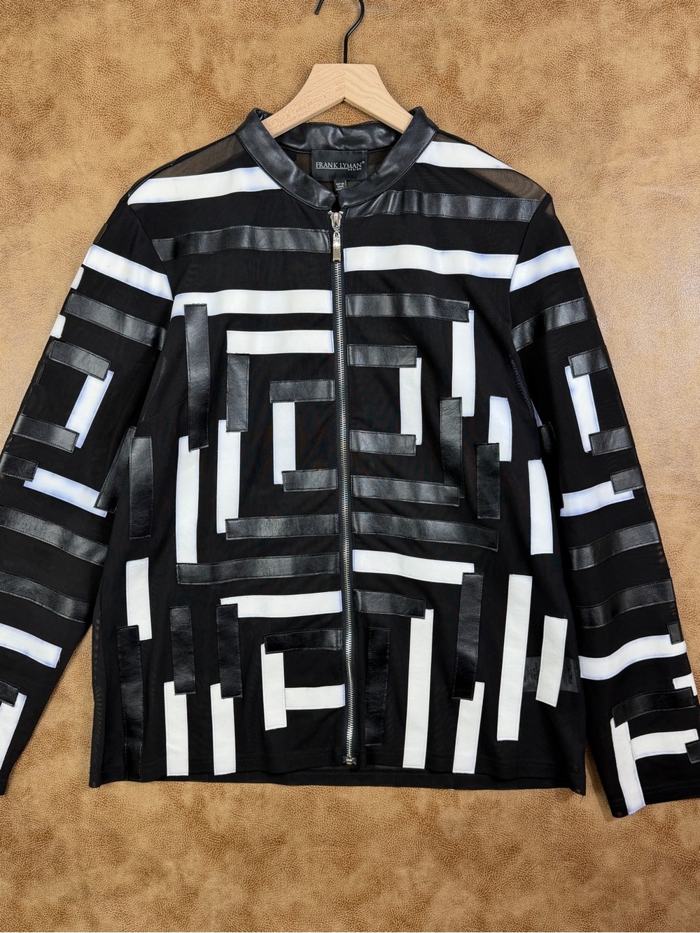 Frank Lyman Geometric Mesh Faux Leather Zip Jacket Black White XL Style 186130U